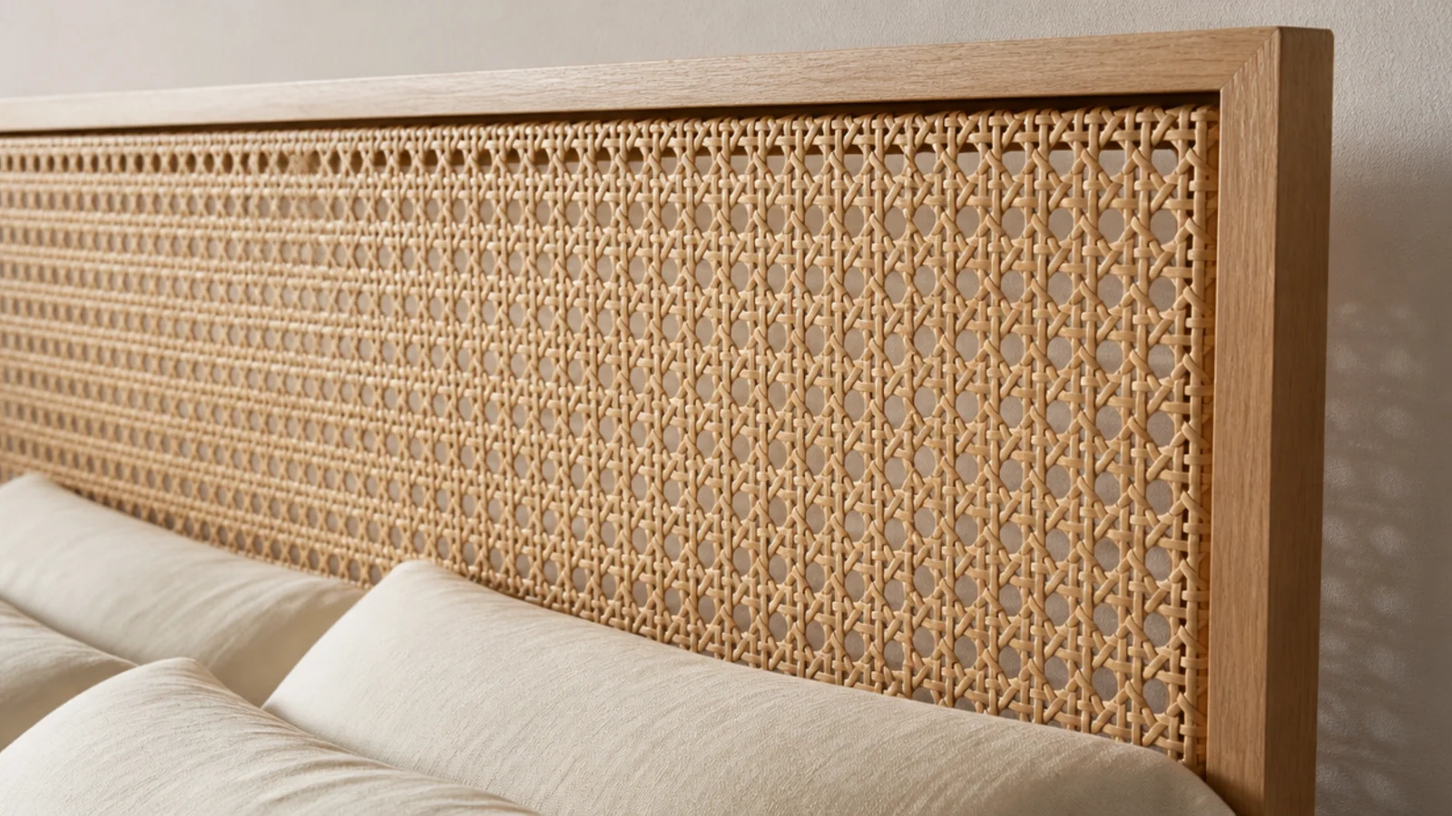 cane webbing panel set inside a minimal square edged oak headboard frame