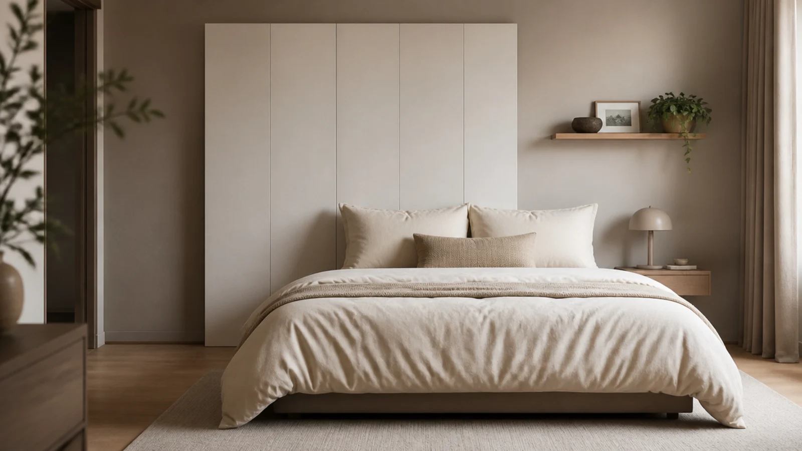 headboard panel deliberately offset to one side of a bed in a modern room