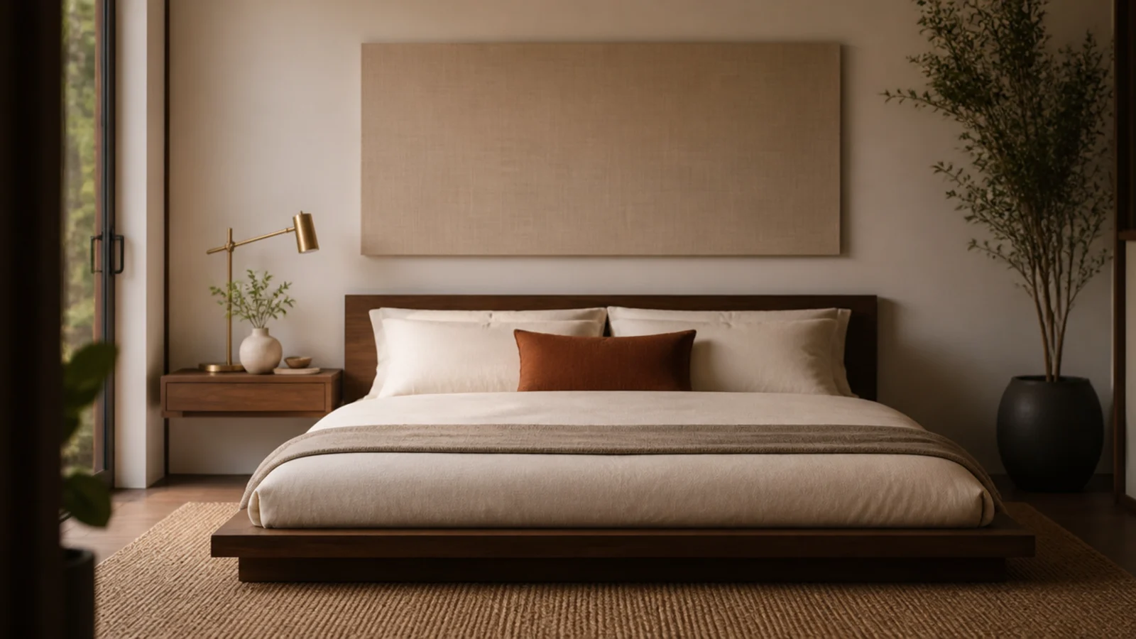 wide flat modern headboard panel in oatmeal linen above a low platform bed