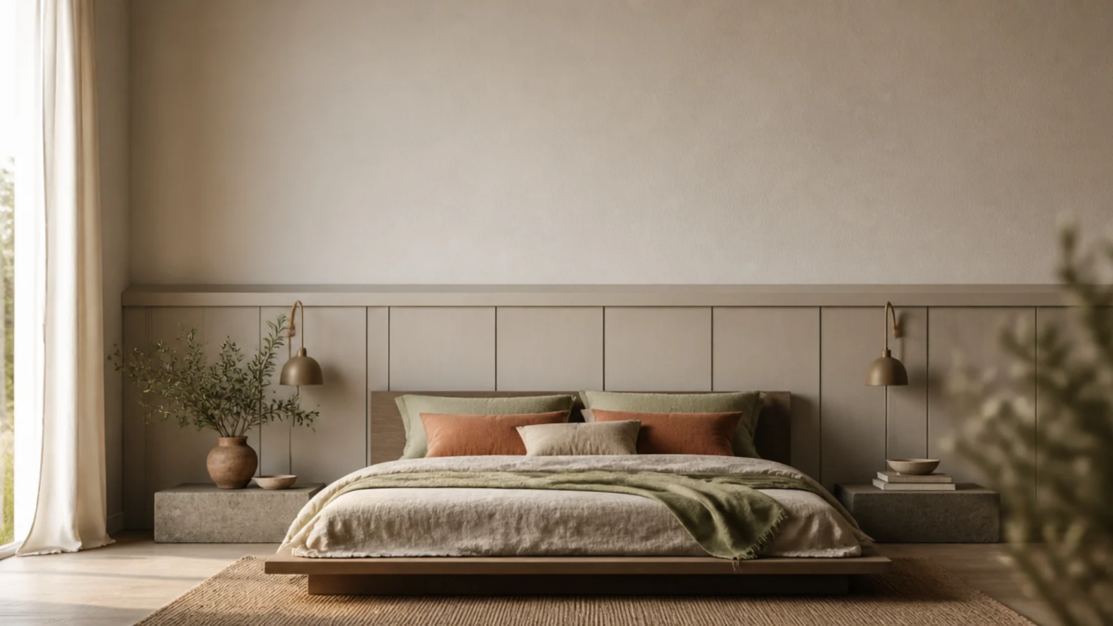 vertical collage image of modern headboards in linen fluted oak and plaster