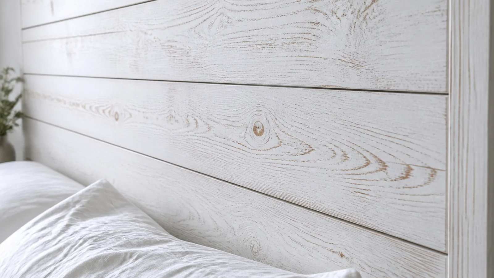 whitewashed shiplap headboard boards with fine shadow gaps and visible grain