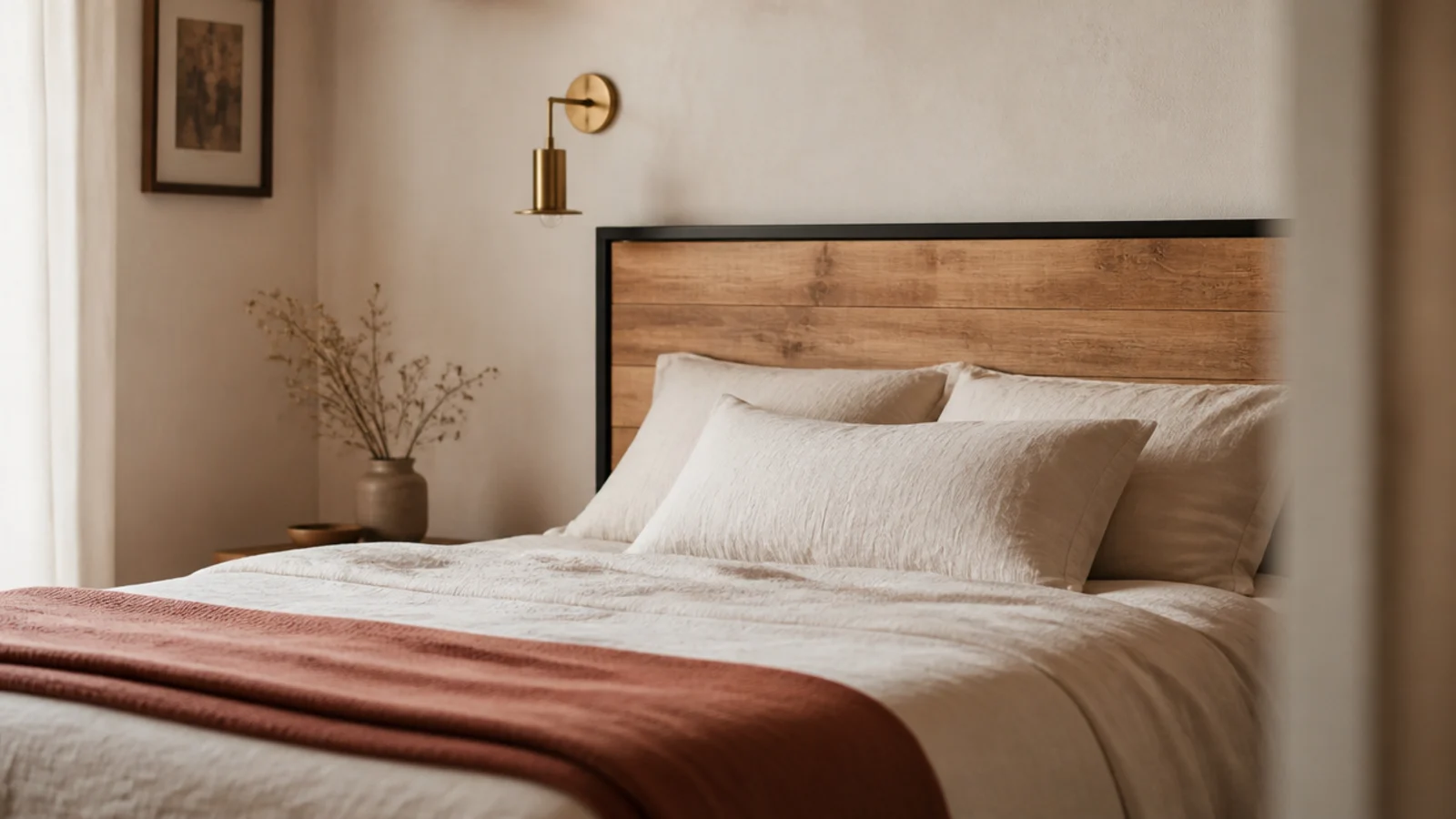 black iron frame headboard filled with reclaimed timber boards behind a bed