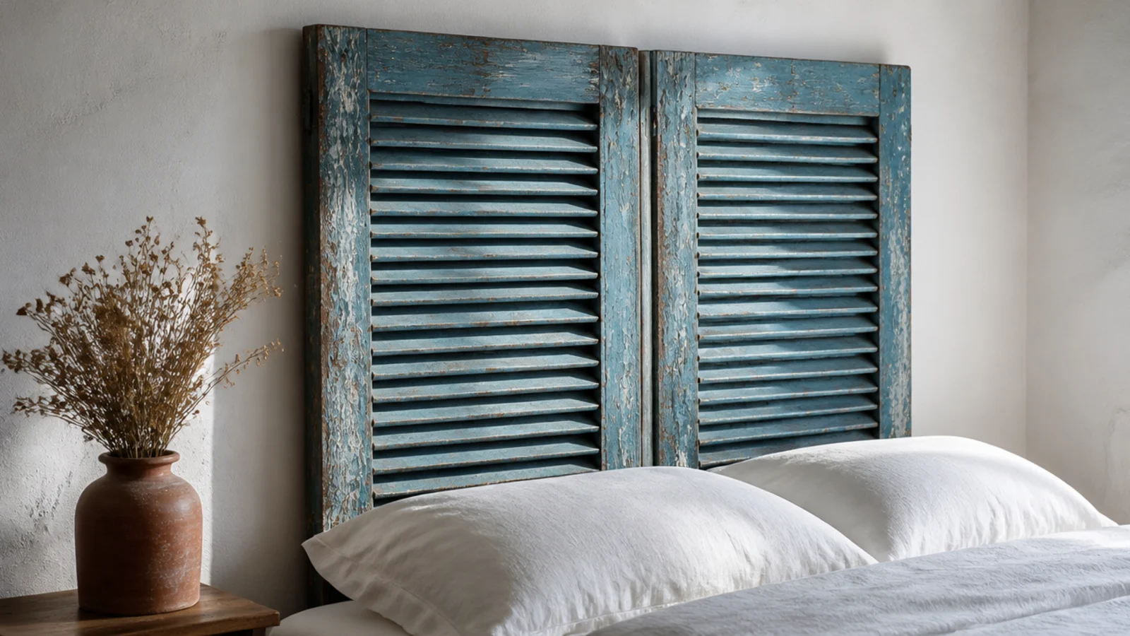 pair of peeling louvered shutters mounted as a weathered rustic headboard