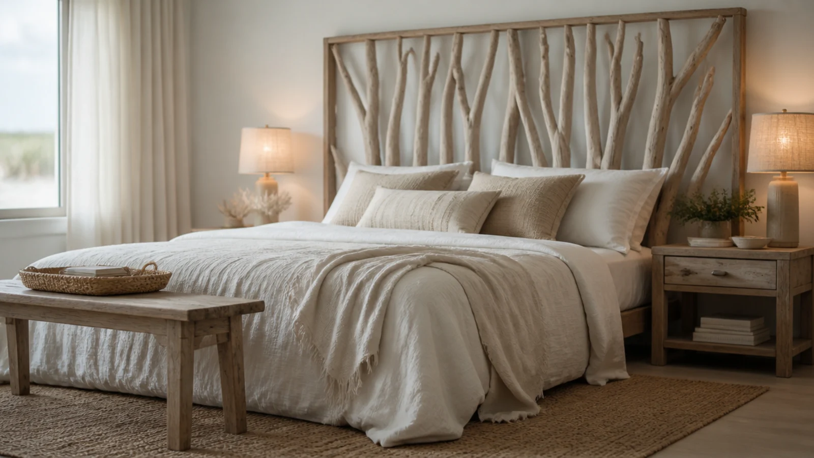 driftwood branches arranged in a slim frame as a coastal rustic headboard