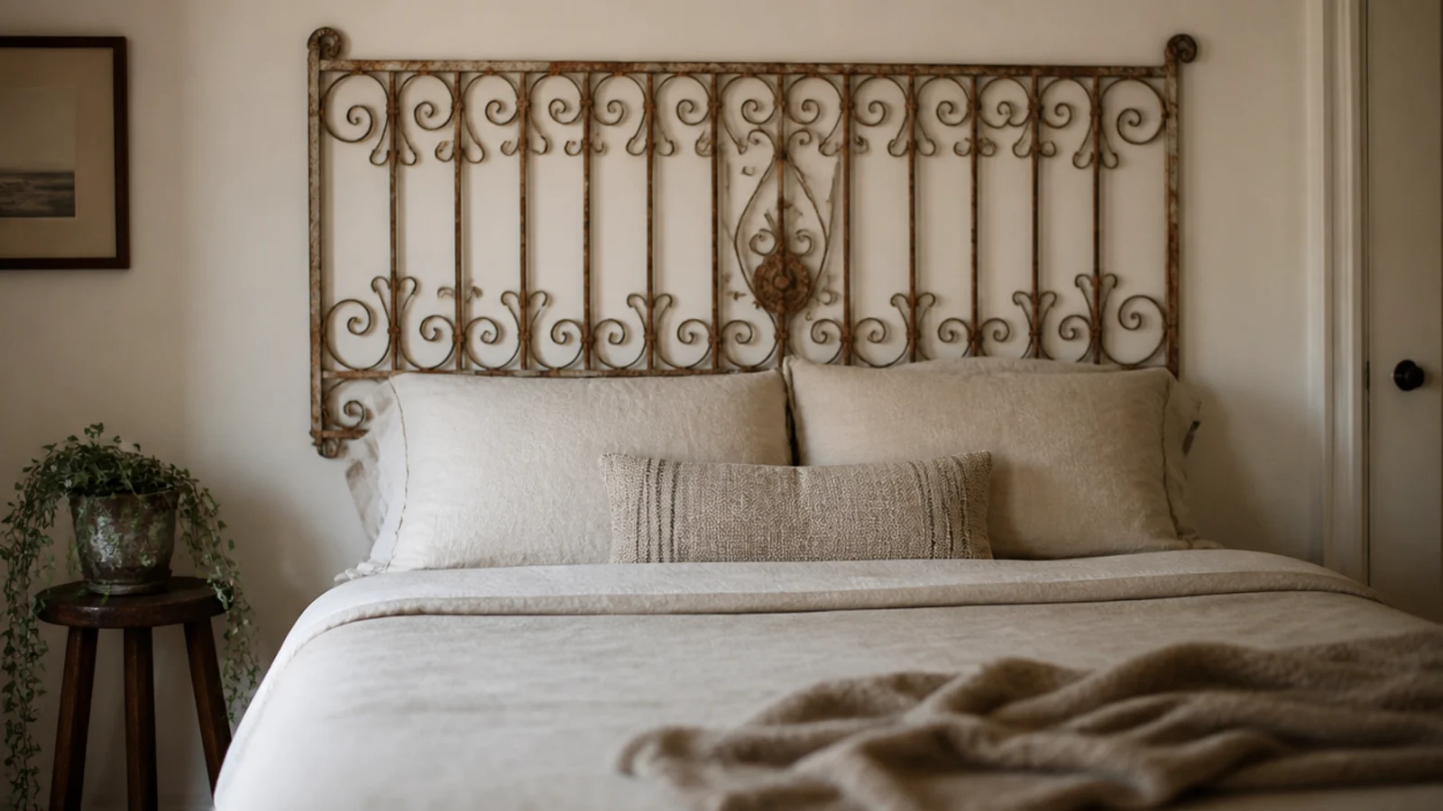 old iron garden gate mounted flat on the wall as an open rustic headboard