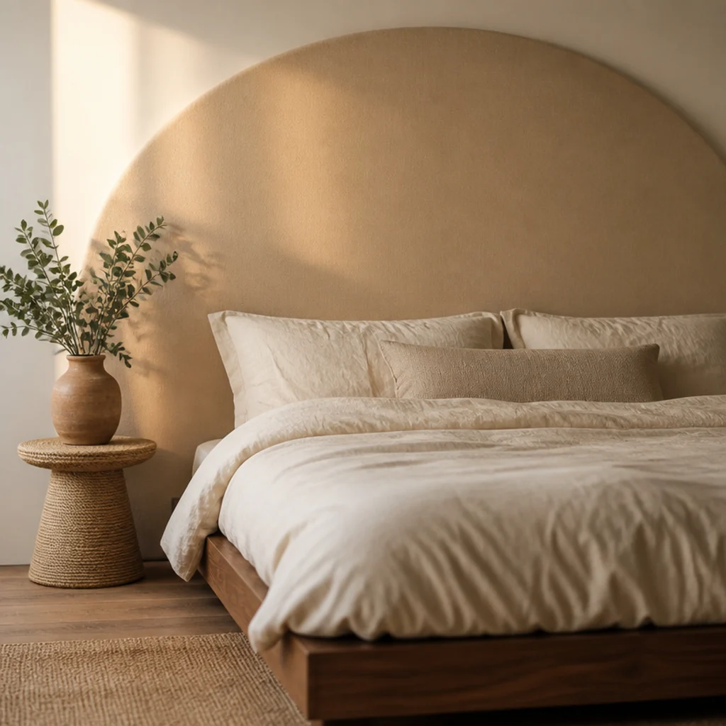 arched upholstered headboard in warm sand fabric above a low wooden bed
