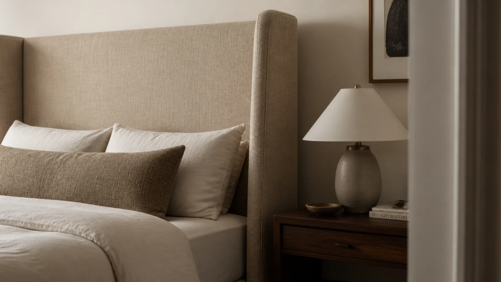 wingback upholstered headboard with padded side returns wrapping the bed