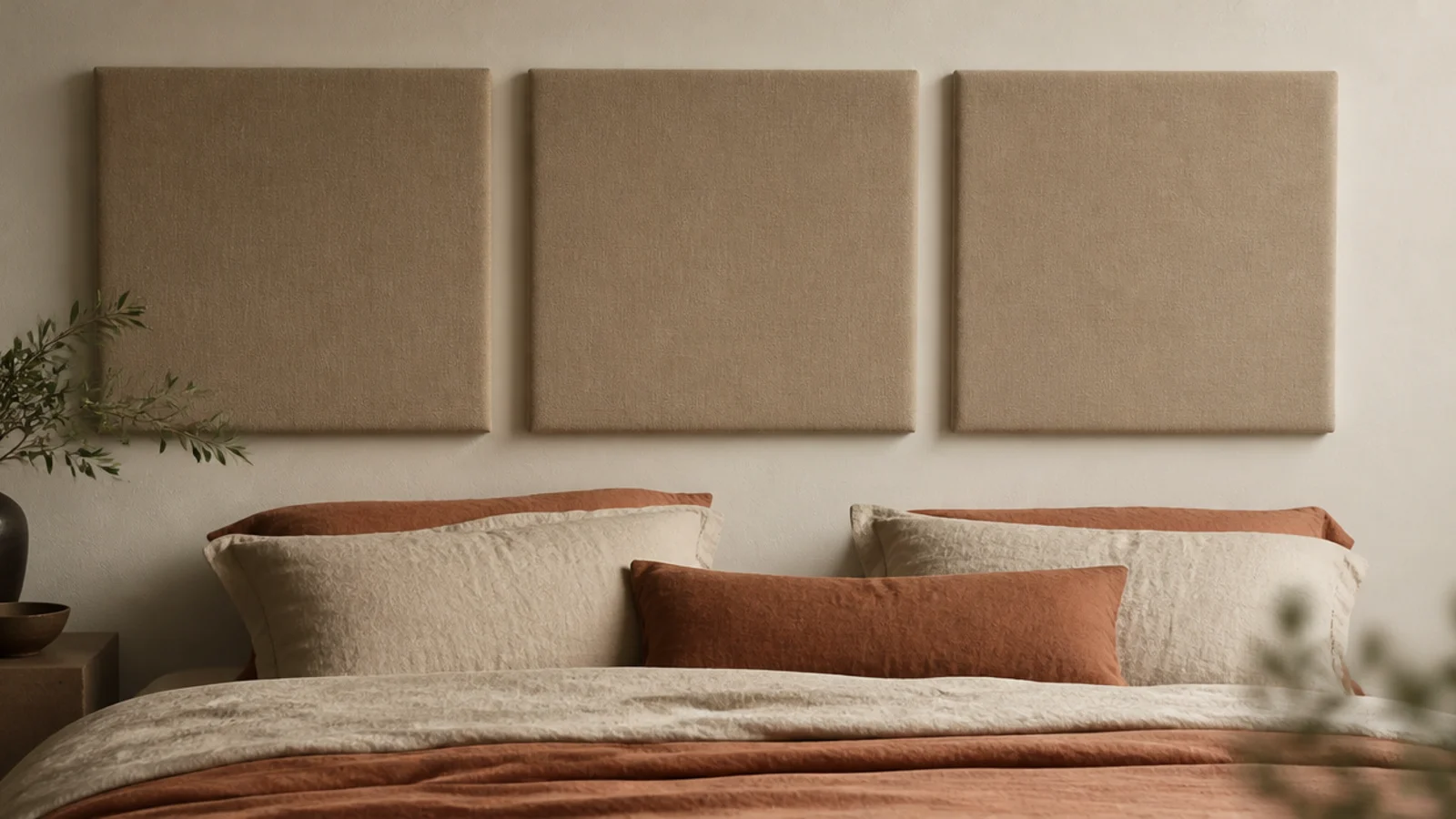 three separate padded squares mounted in a row as a modular headboard