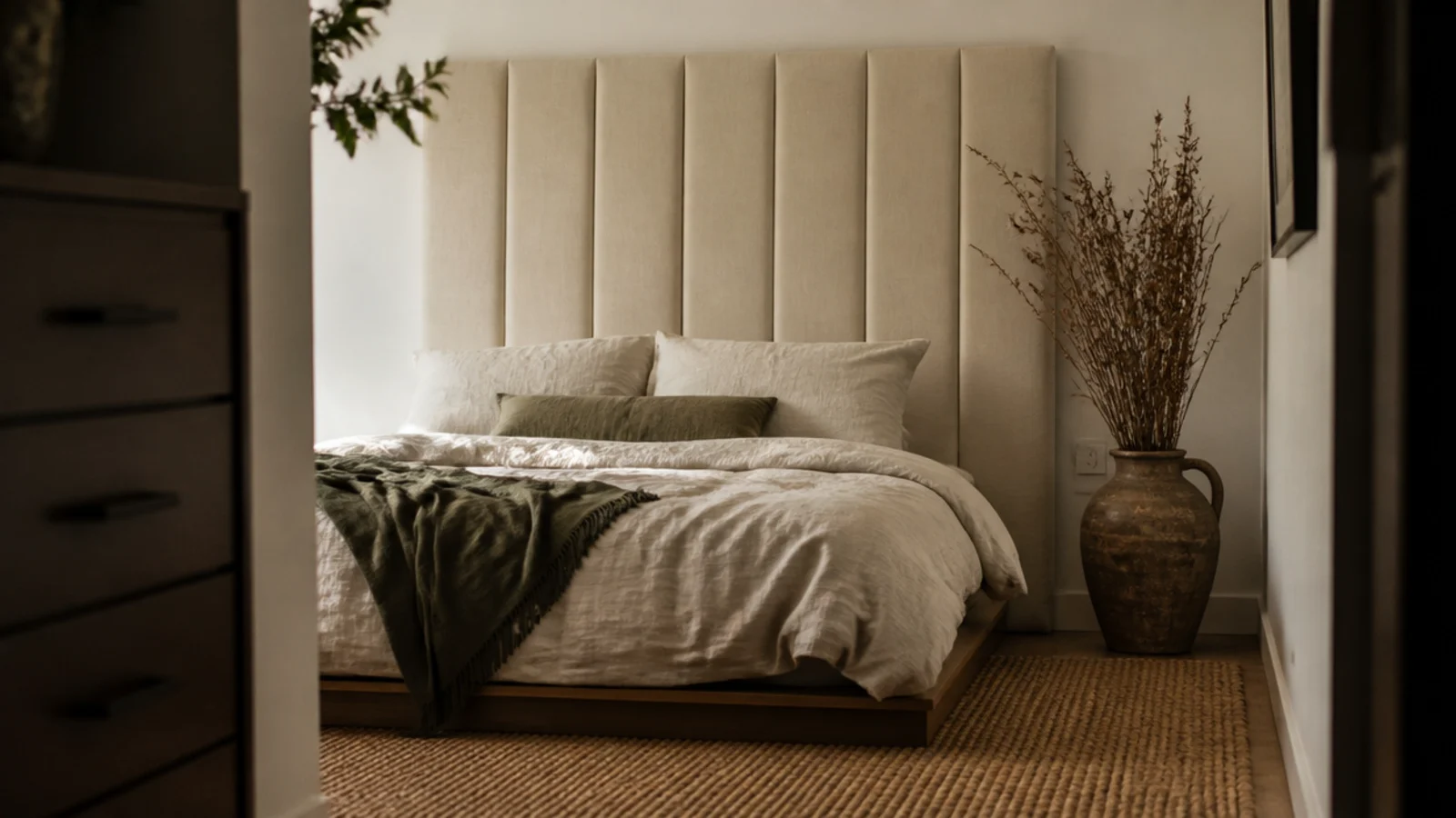 freestanding padded panel leaning behind a bed with no wall fixings at all