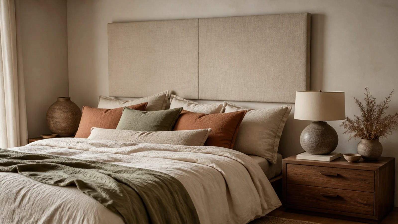 oatmeal linen upholstered headboard above a washed linen bed in warm light