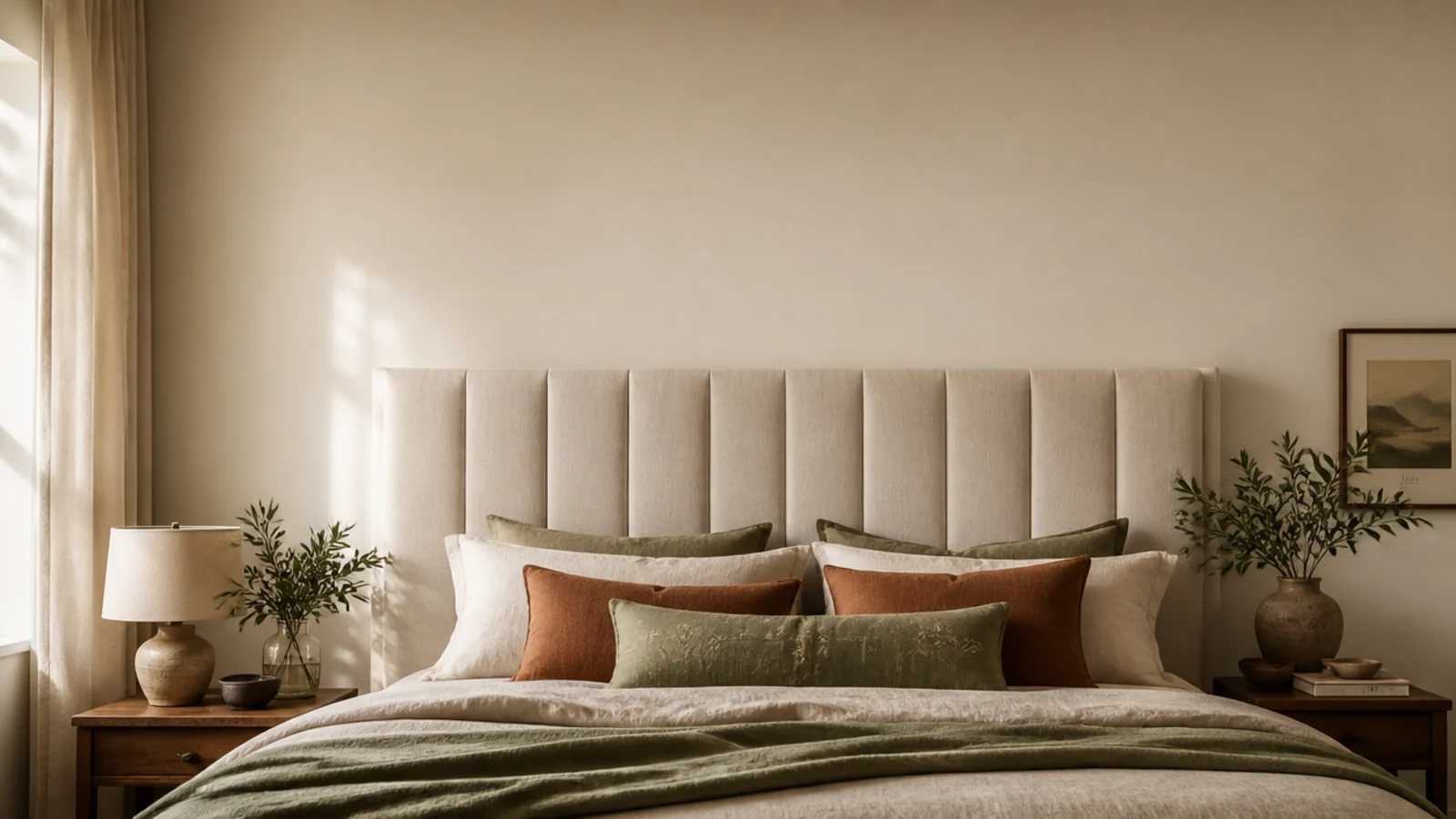 vertical collage image of soft upholstered headboards in linen and velvet