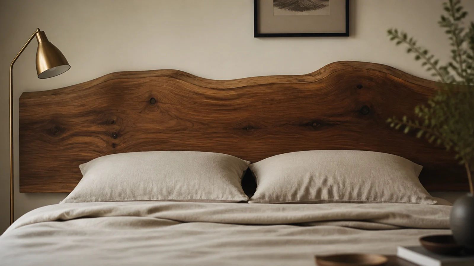 live edge walnut slab headboard with a natural wavy top edge above a bed