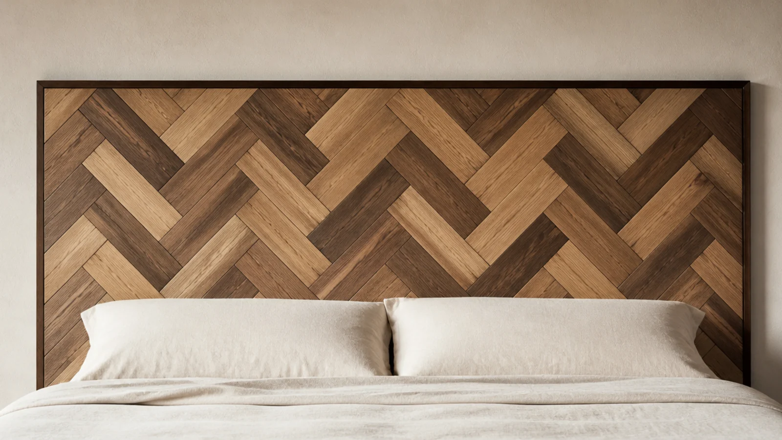 herringbone wood headboard panel assembled from mixed oak and walnut offcuts