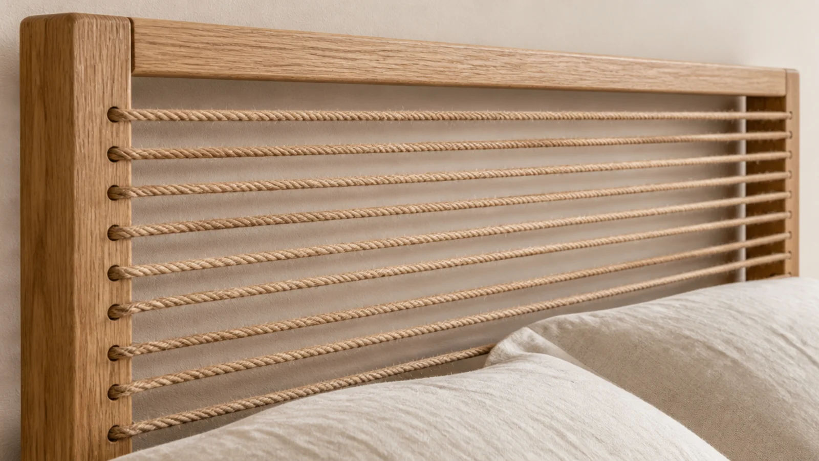 oak headboard frame laced across with taut natural jute rope in even rows
