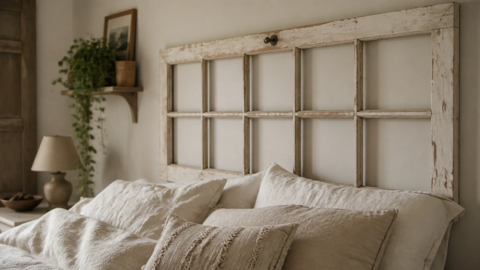 salvaged timber window frame hung as an airy headboard with no glass in it