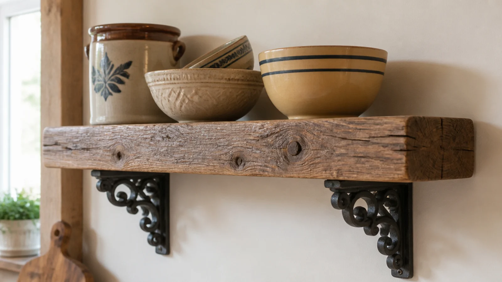 ornate cast iron corbels supporting a thick timber kitchen shelf
