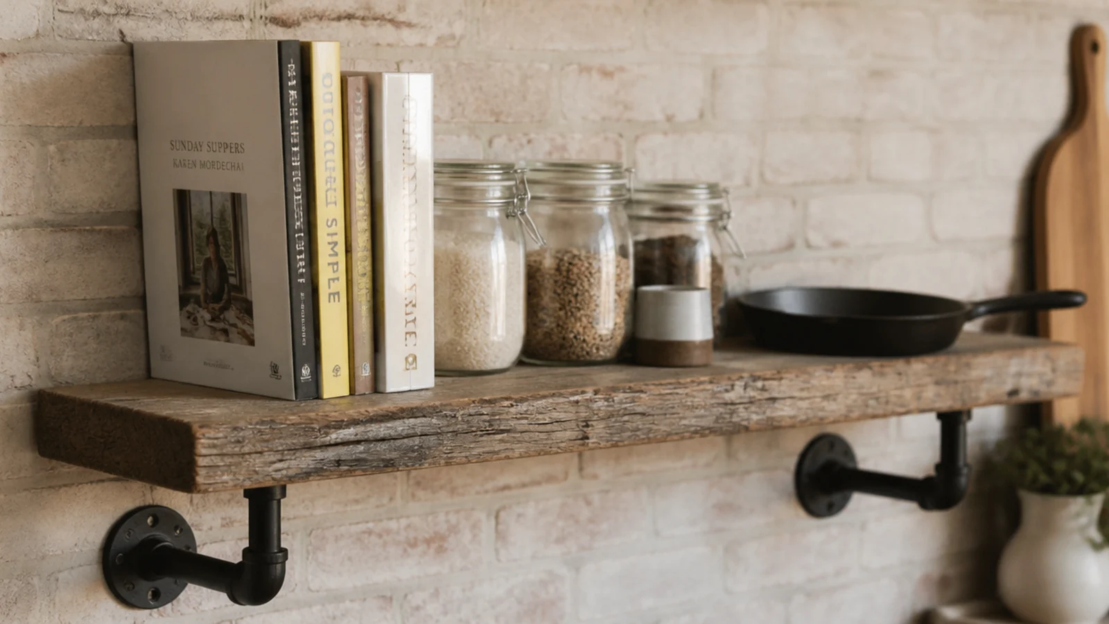 thick scaffold board kitchen shelf on black pipe flange supports