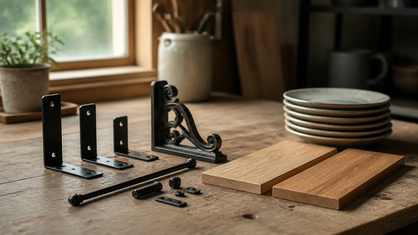 range of kitchen shelf brackets and oak boards displayed together on a workbench
