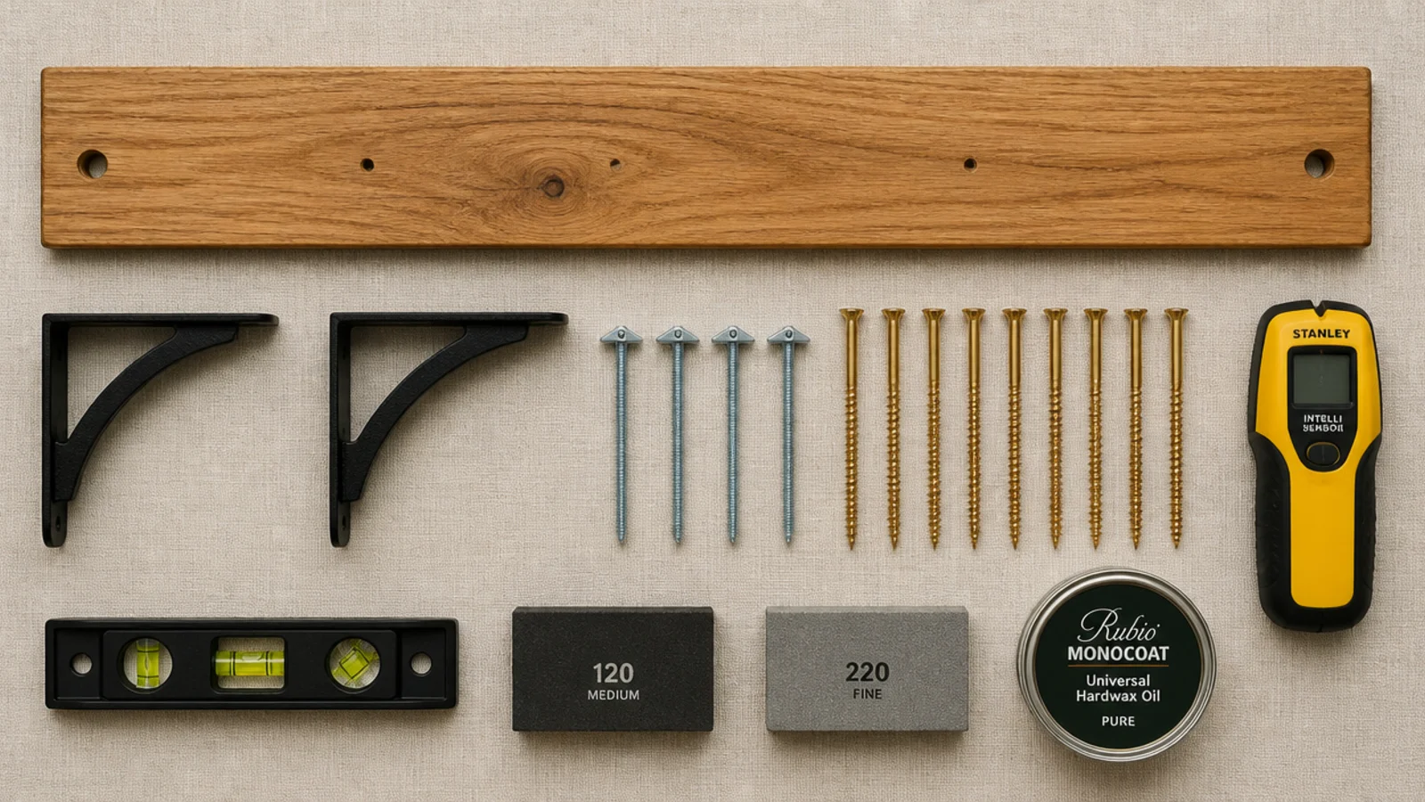 flat lay of brackets anchors sandpaper and oil for building kitchen shelves