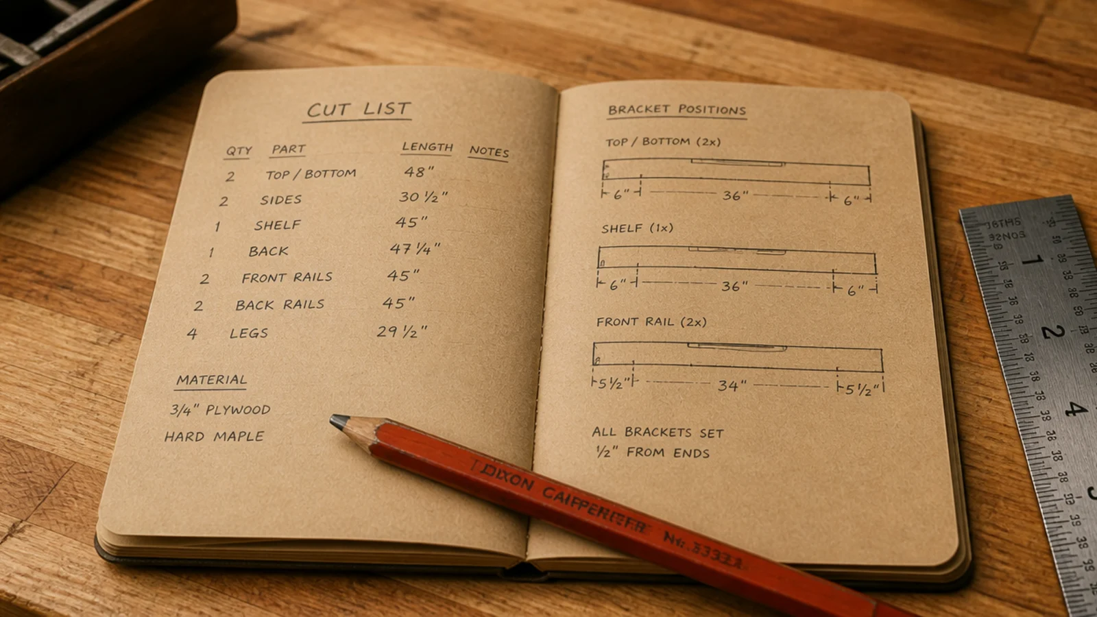 handwritten kitchen shelf cut list on kraft paper beside a pencil and rule