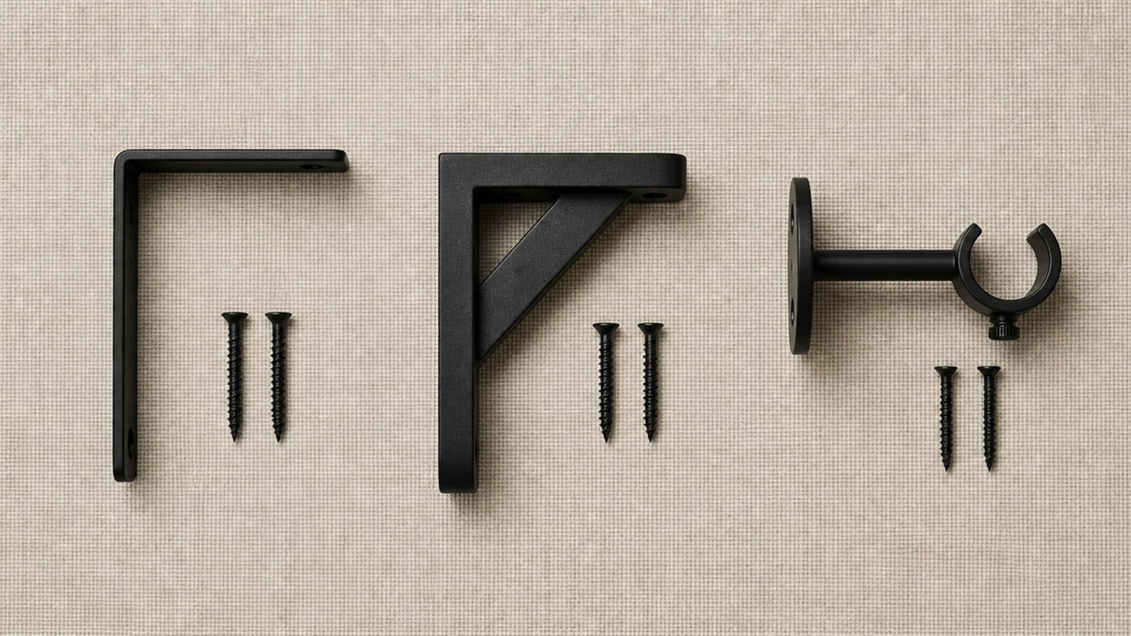 three kitchen shelf bracket types compared side by side on linen