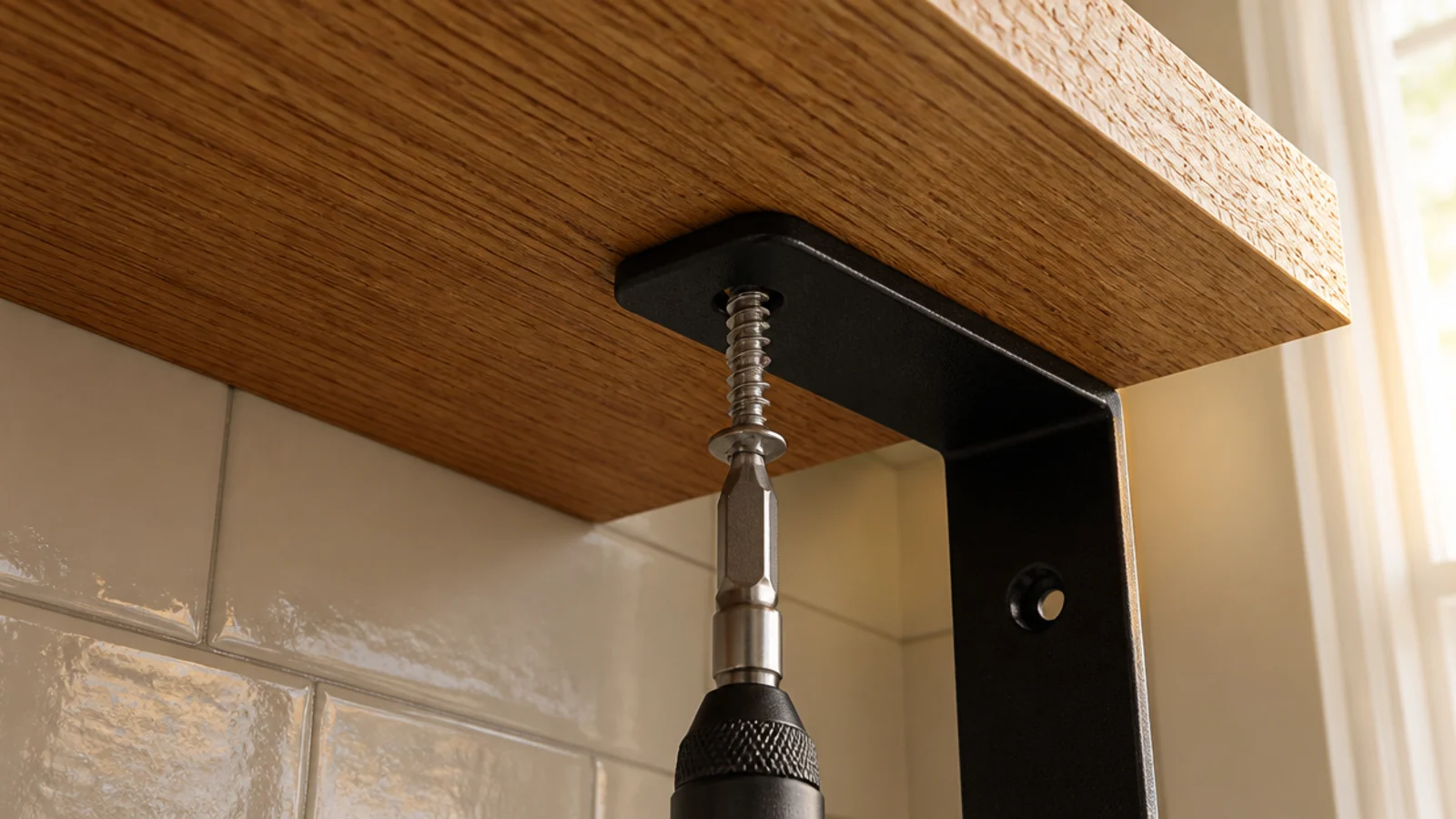 short screw driven upward through a bracket into a kitchen shelf board