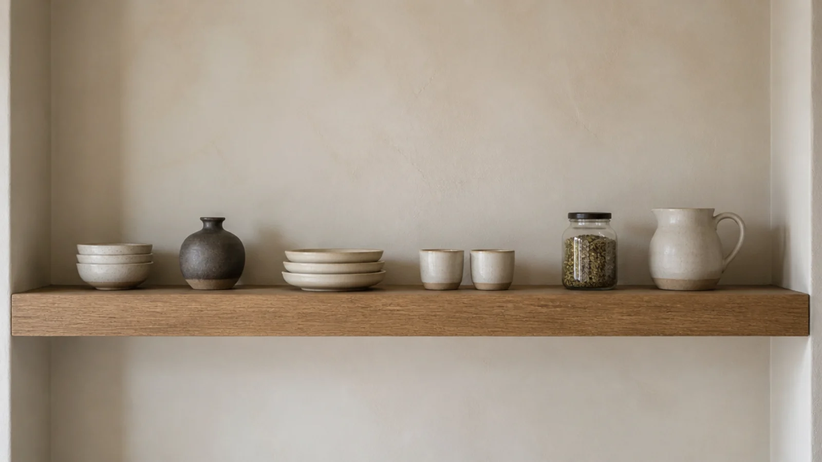 floating kitchen shelf running the full width between two walls