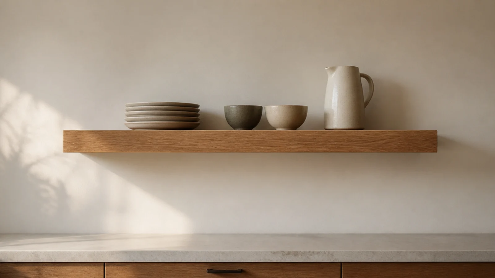 single deep floating kitchen shelf holding plates bowls and a jug