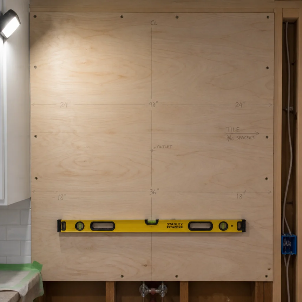 plywood backer panel fixed to studs ready for floating kitchen shelves