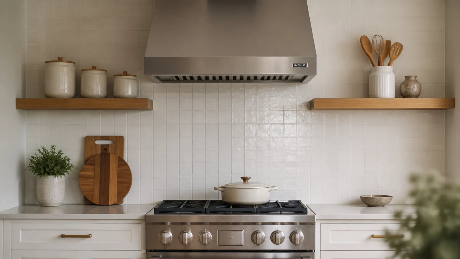 floating kitchen shelves stopping either side of a stainless range hood
