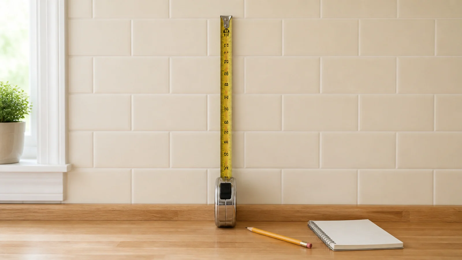 rental kitchen wall measured with a tape for a no drill shelf placement