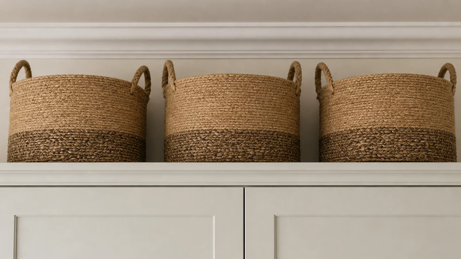 woven baskets lined along the dead gap above kitchen upper cabinets
