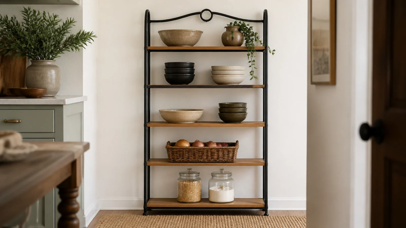 freestanding black metal and oak kitchen rack holding dishes and baskets