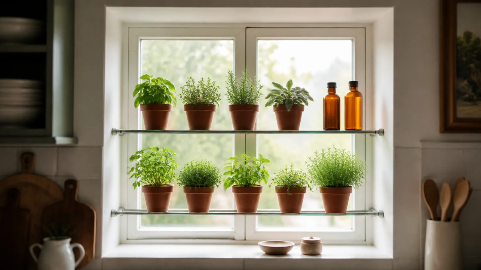 glass shelves on tension rods across a bright kitchen window recess