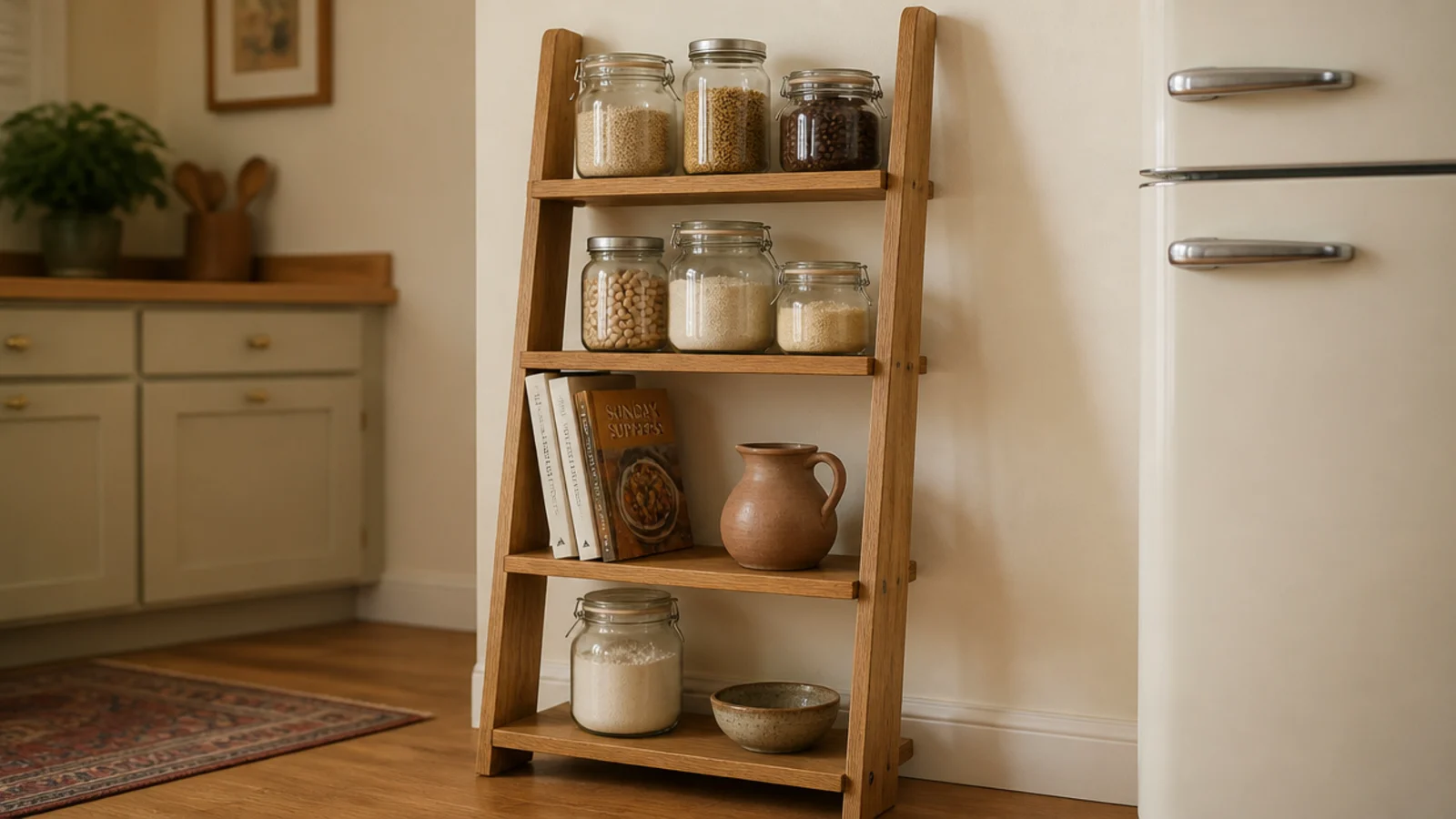 oak ladder shelf leaning on a kitchen wall holding jars and cookbooks