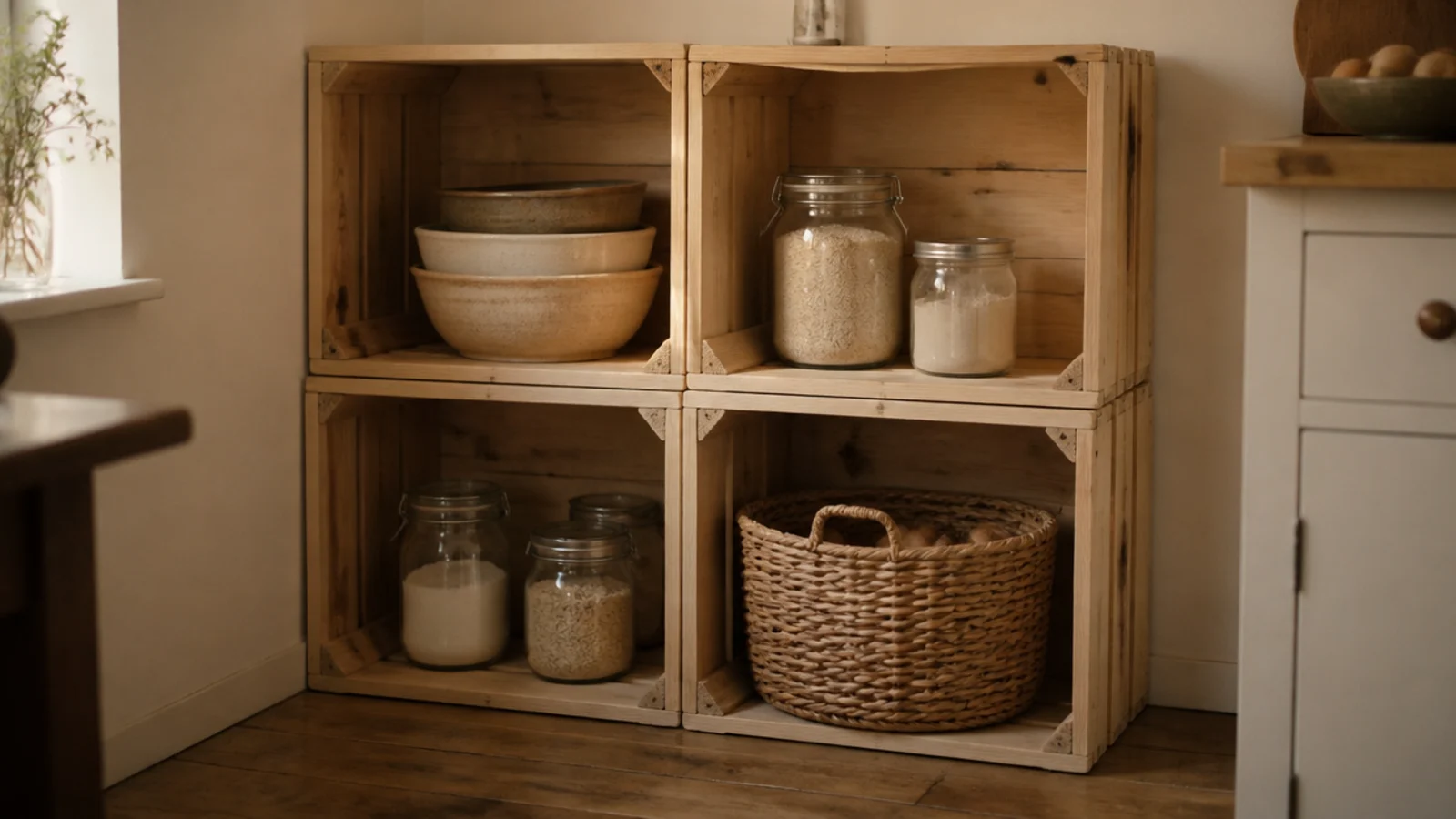 stacked wooden crates forming an open kitchen shelf tower with jars