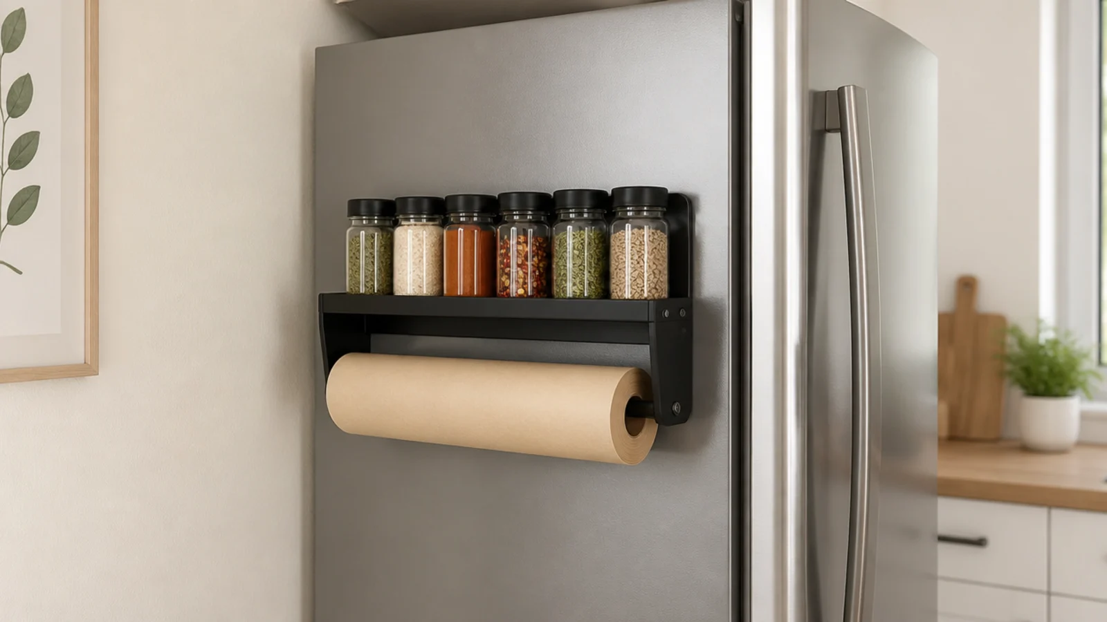 magnetic steel shelf attached to a refrigerator side holding spice jars