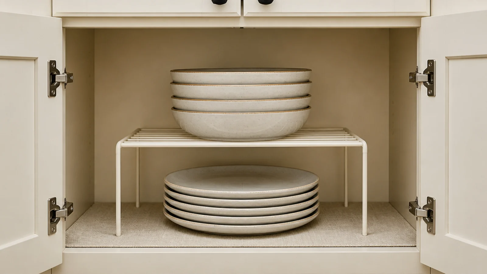 wire riser shelf inside a kitchen cabinet stacking plates and bowls