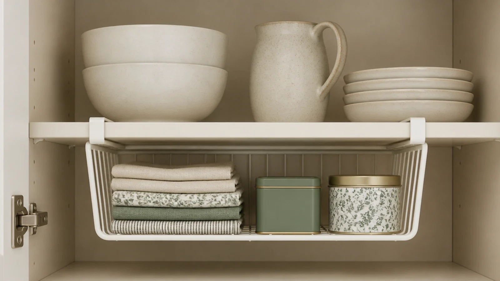 clip on wire basket hanging beneath an existing kitchen cabinet shelf
