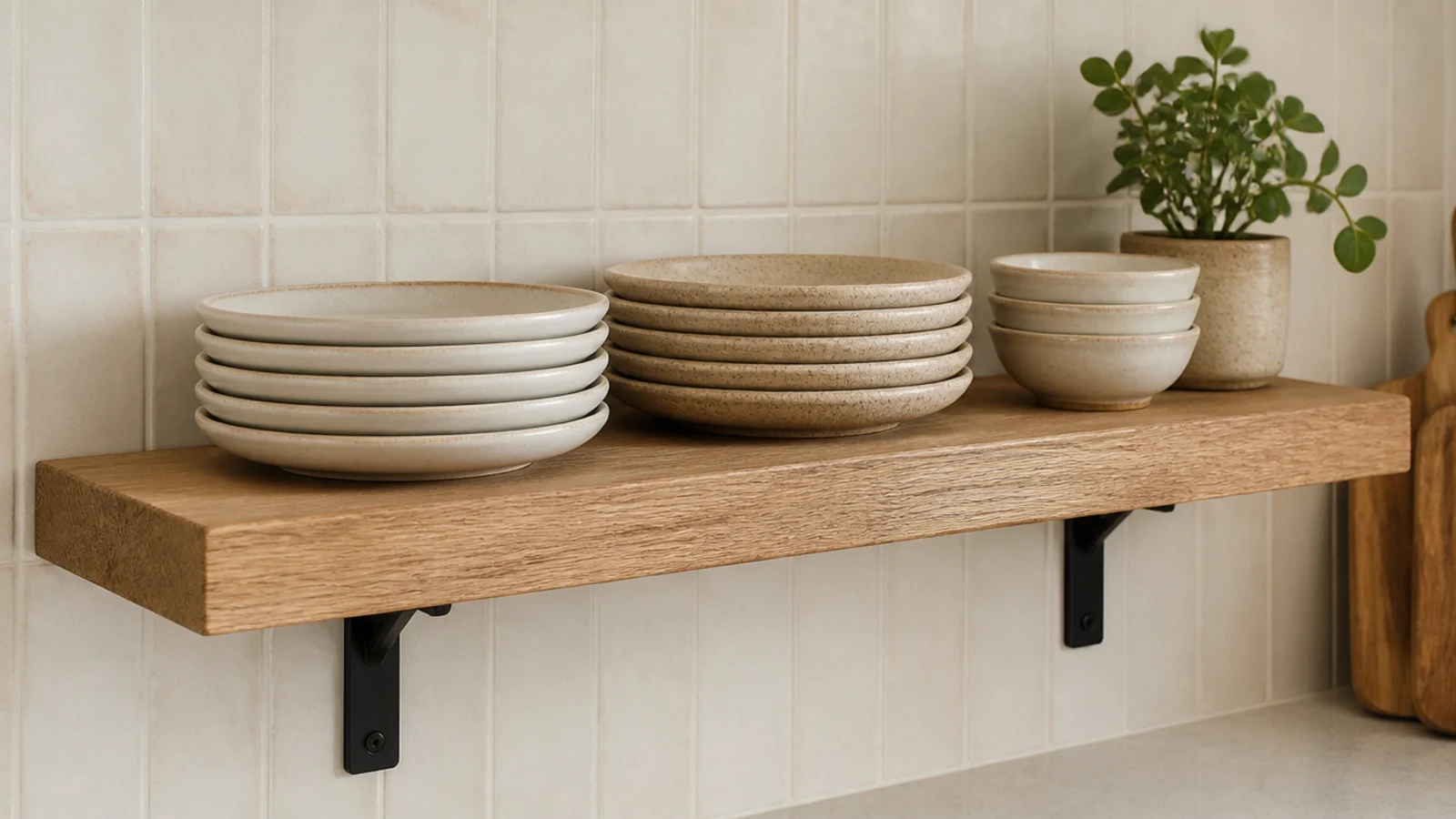 thick oak kitchen shelf holding two stacks of everyday stoneware dinner plates