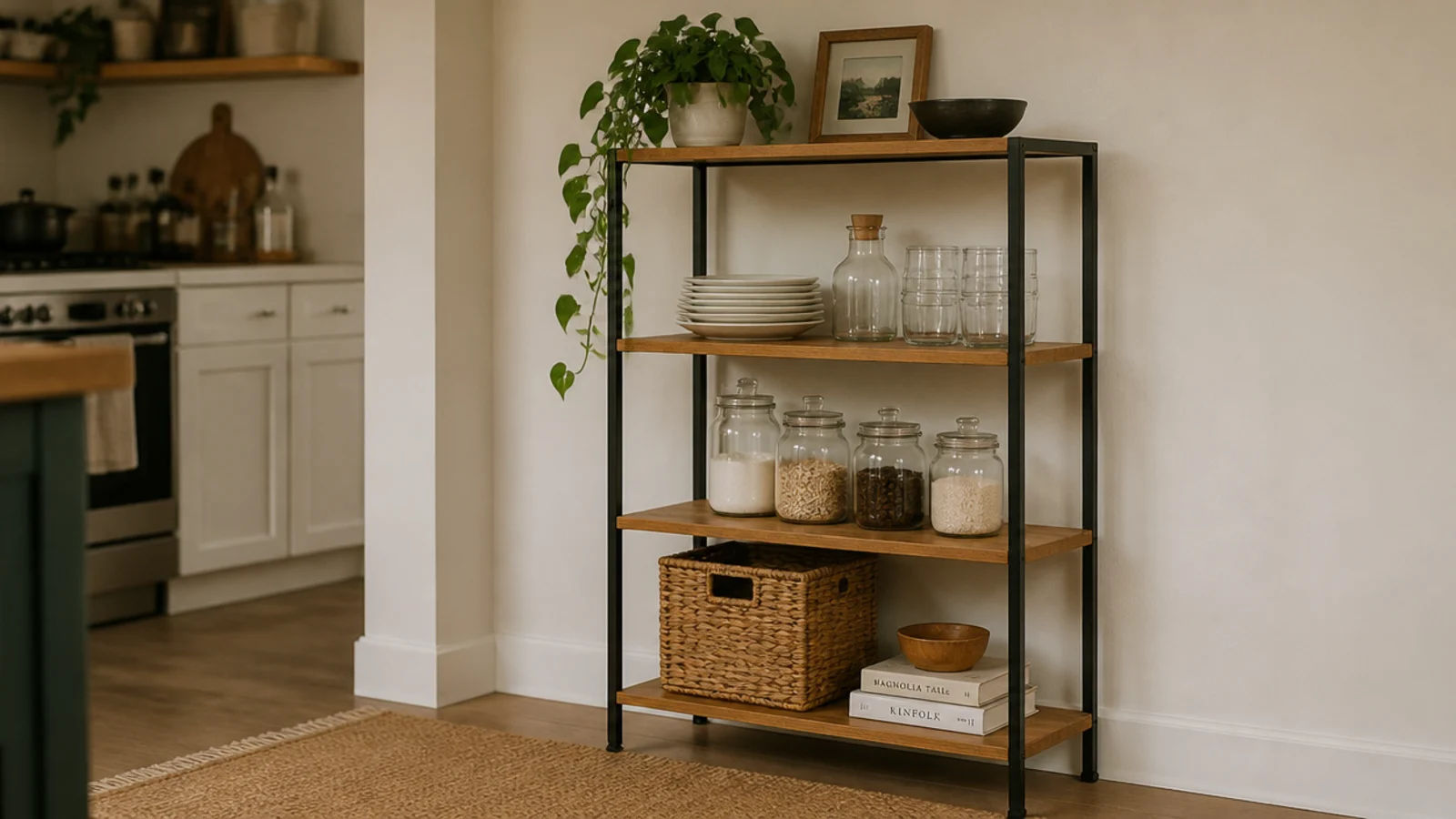 freestanding oak and metal kitchen shelf unit standing against a rental wall