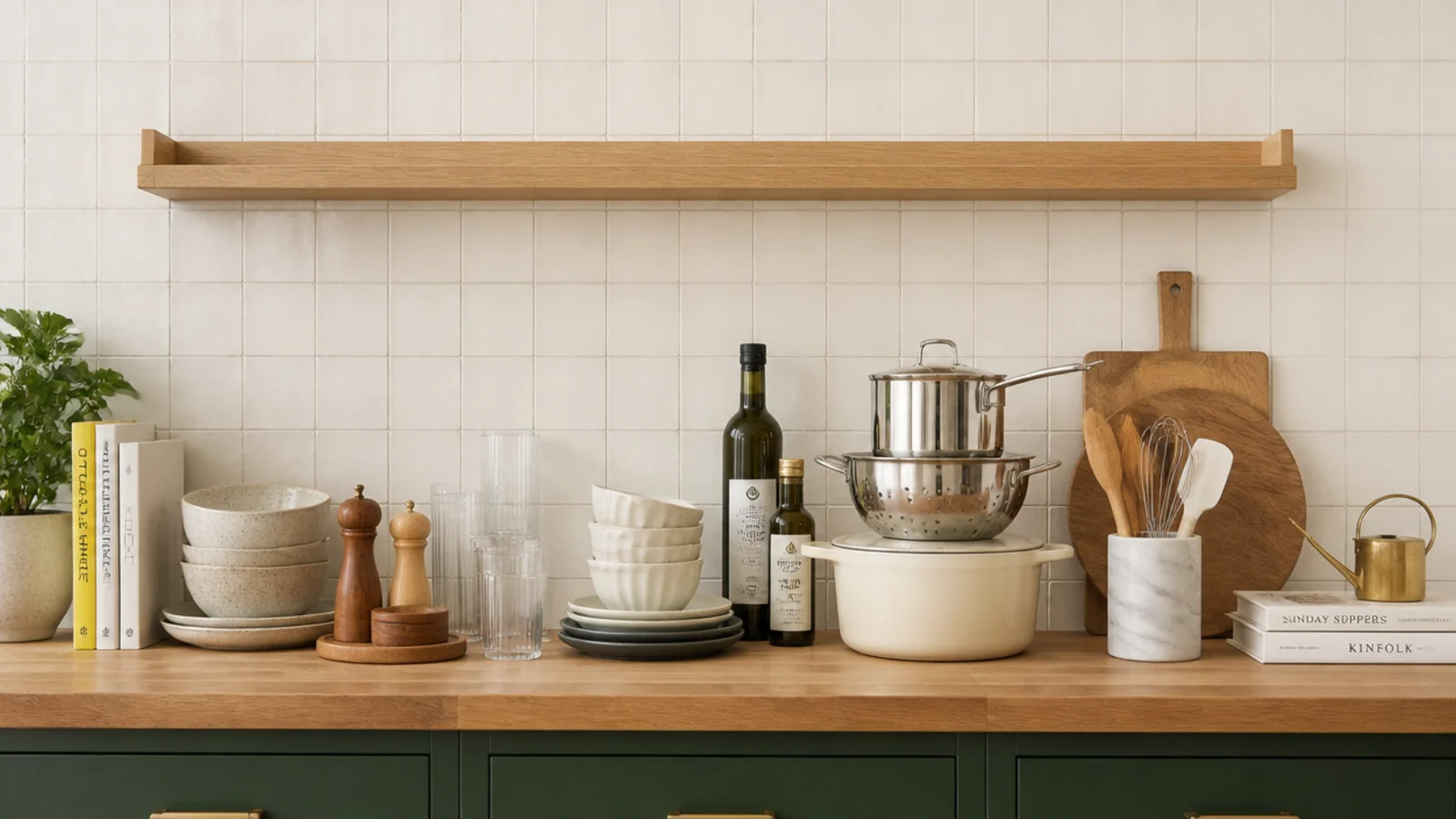 kitchen shelf styling arrangement in progress with objects grouped on a counter