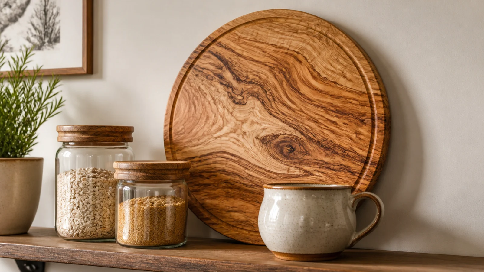 round wooden board leaning face out behind jars on a kitchen shelf