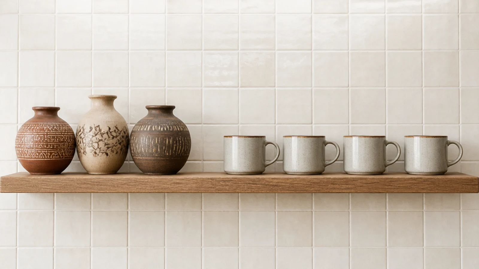 three decorative pots beside four matching everyday mugs on a shelf