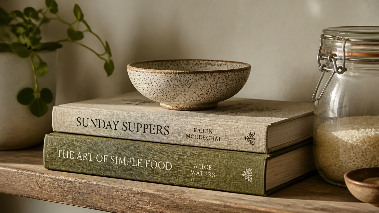 small bowl raised on two stacked books on a kitchen shelf