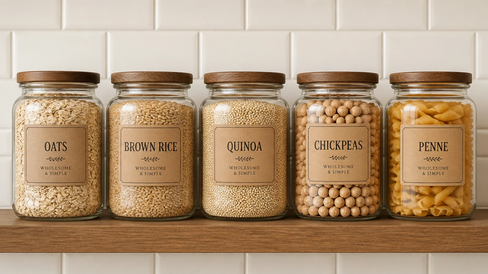 row of labelled glass jars all facing forward on a kitchen shelf