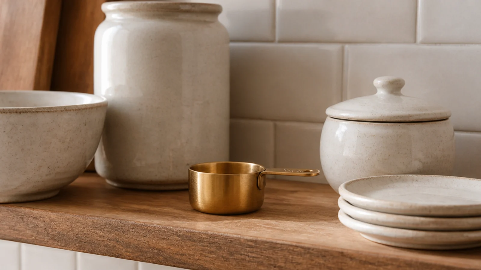 single small brass measure among stoneware on a kitchen shelf