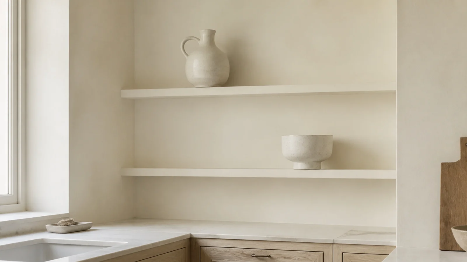 kitchen shelves painted the wall color blending into cream plaster