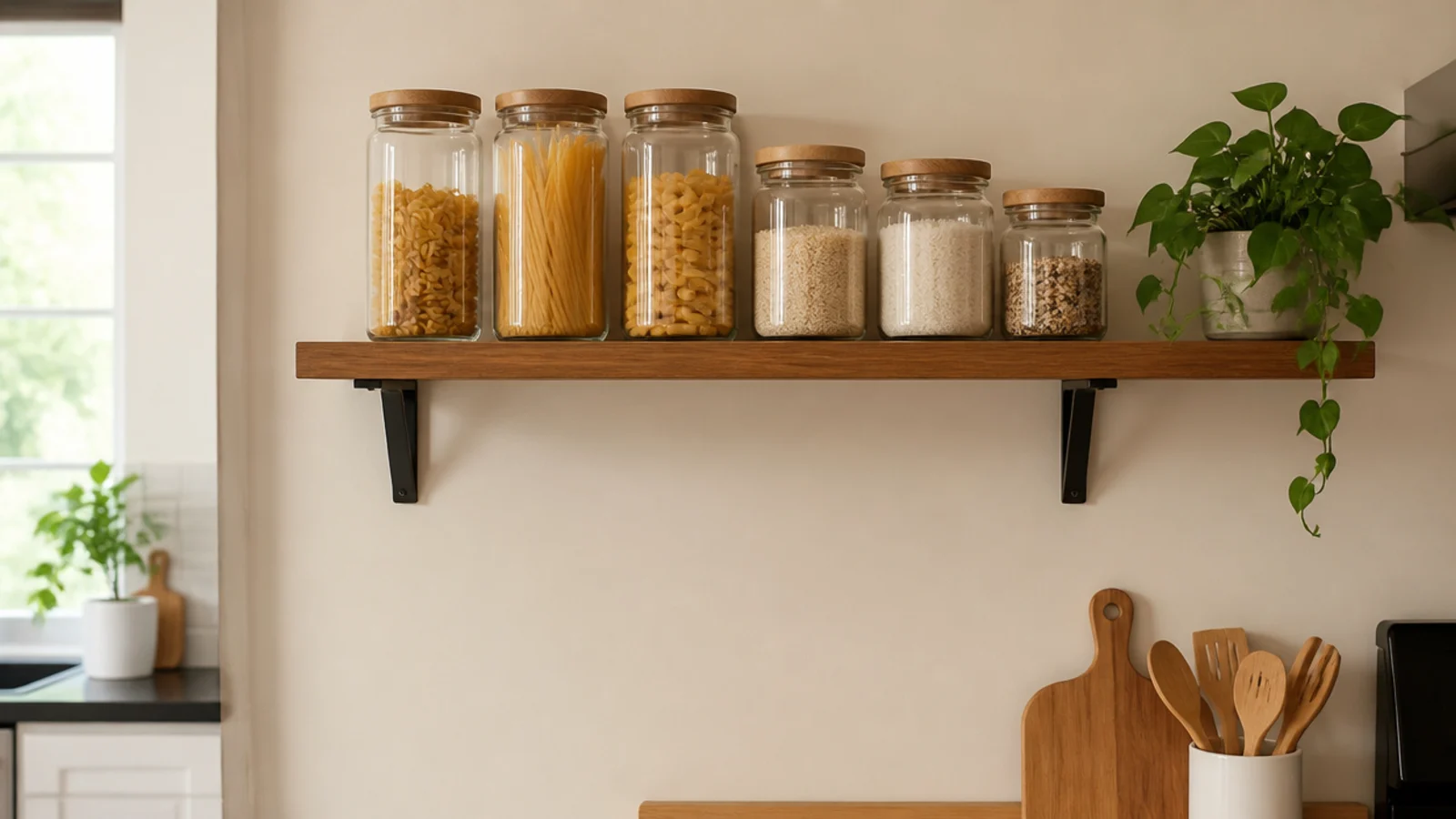 kitchen shelf lowered so jars sit within easy standing reach