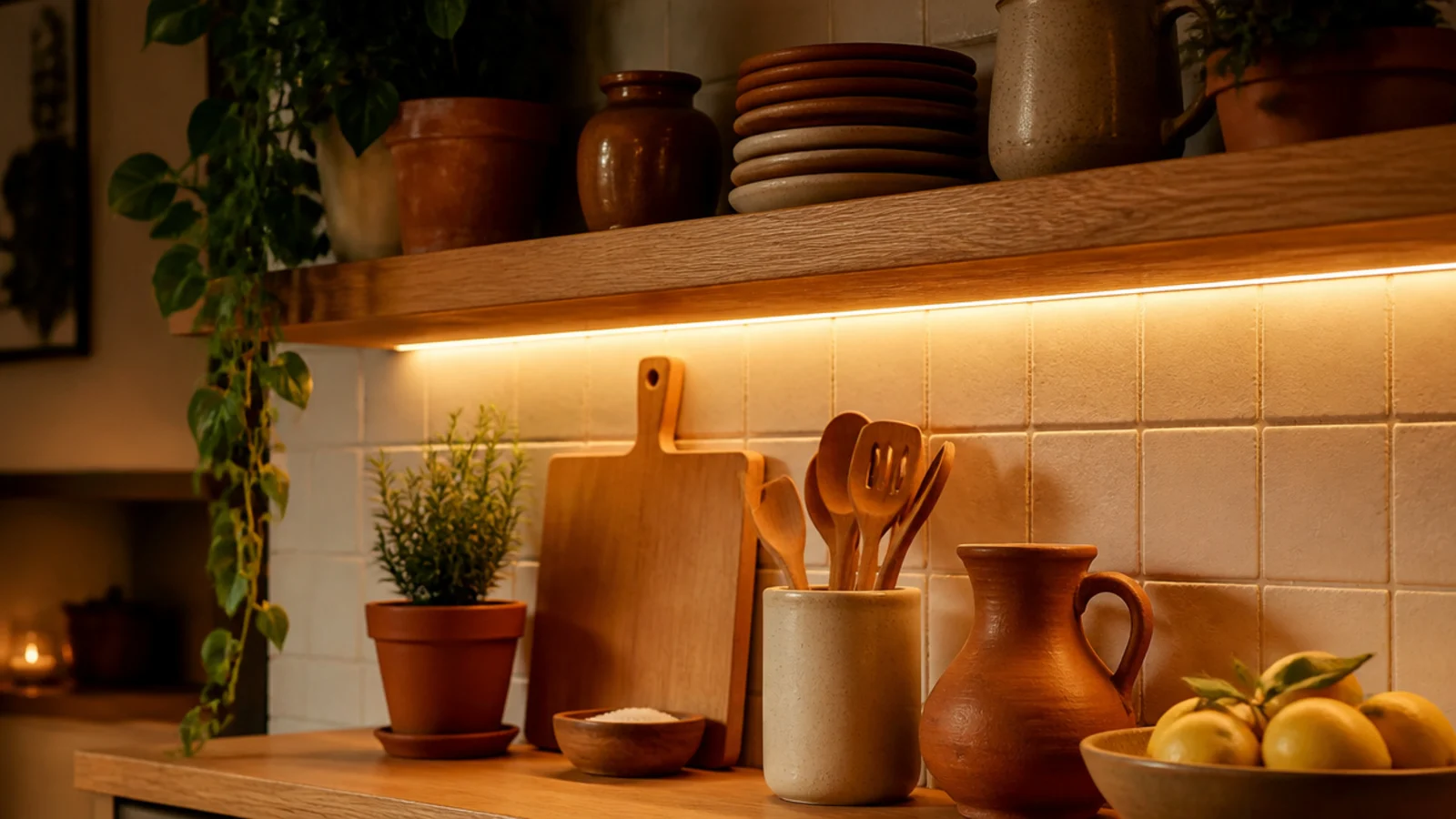 warm lit kitchen shelf where oak and terracotta look rich again